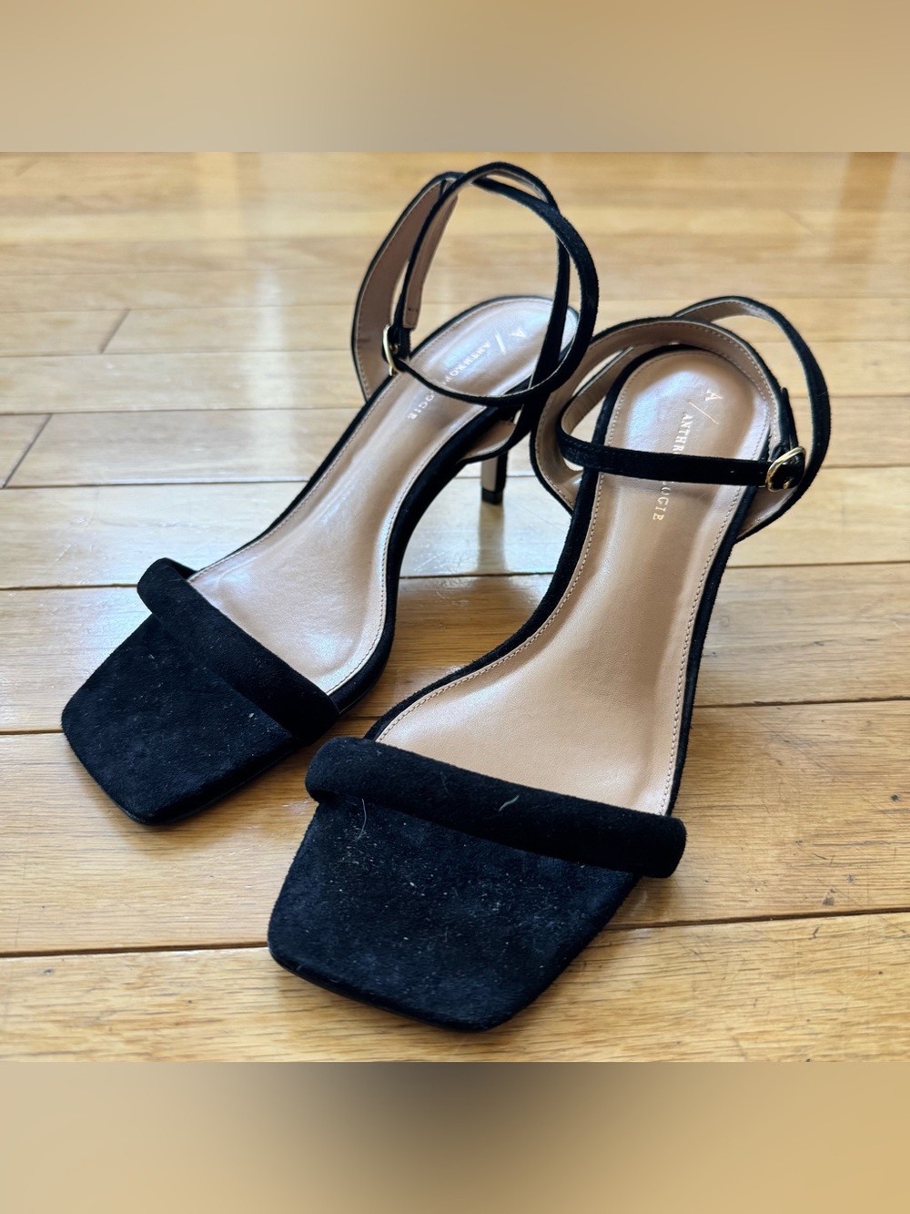 Black Suede Kitten Heel Sandals • Square Toe • Anthropologie Size 39